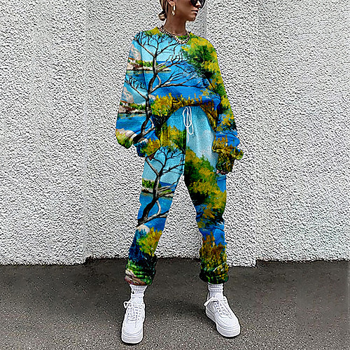 

Women's Basic Streetwear Landscape Vacation Casual / Daily Two Piece Set Tracksuit T shirt Pant Loungewear Jogger Pants Drawstring Print Tops