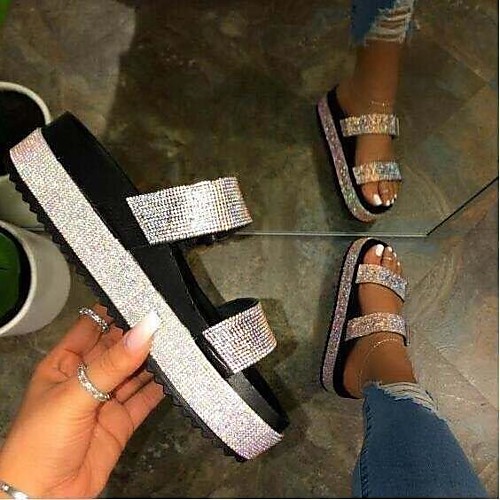

Women's Sandals Chunky Heel Round Toe PU Color Block Gold Silver