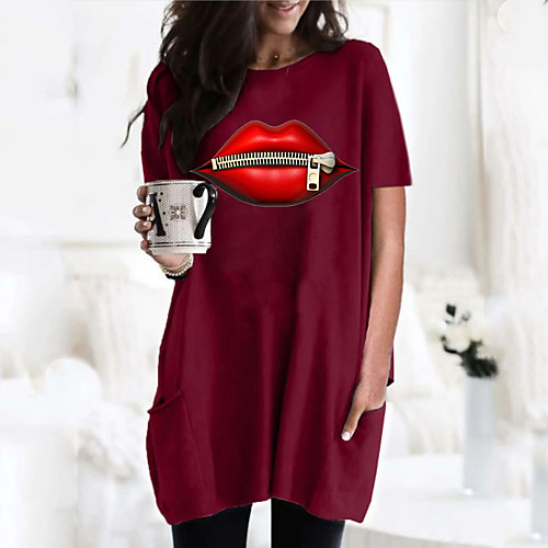 

Women's T shirt Dress Graphic Mouth Round Neck Tops Basic Basic Top Black Wine Army Green