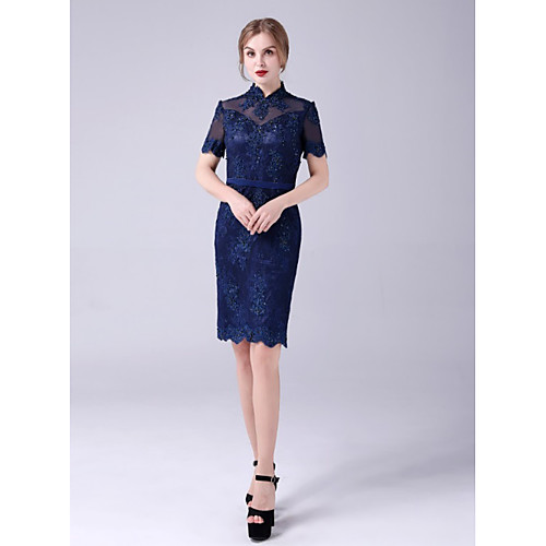 

Sheath / Column Mother of the Bride Dress Elegant Sweet High Neck Knee Length Lace Short Sleeve with Sash / Ribbon Beading Appliques 2021