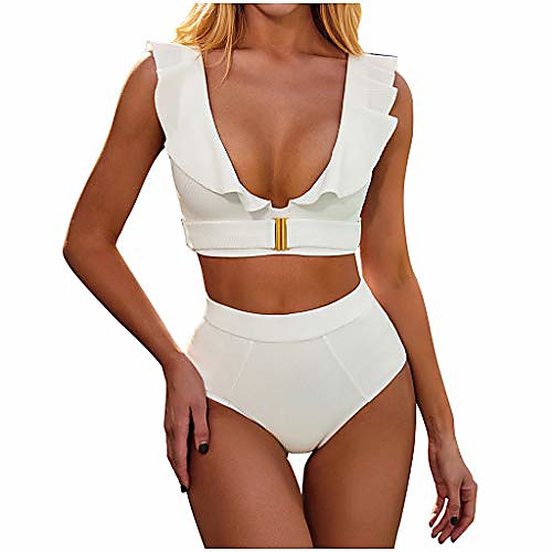 

zjb women bikini set summer two pieces solid ruffled flounce swimwear swimsuit stripe beach wear bathing suit (white, l)