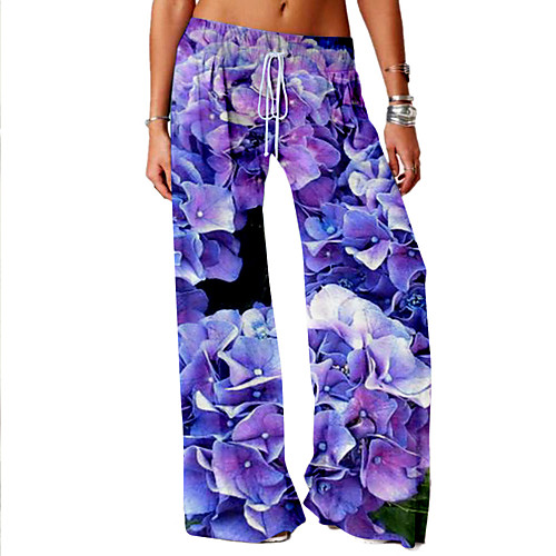 

Women's Basic Soft Comfort Daily Home Chinos Pants Graphic Flower / Floral Full Length Elastic Drawstring Design Print Purple