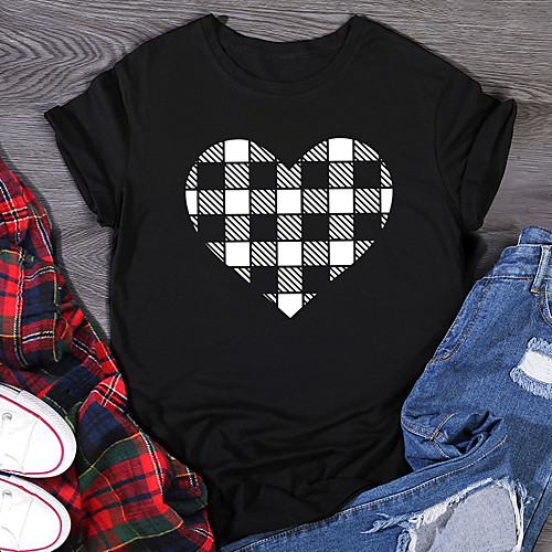 

Women's T shirt Plaid Graphic Heart Print Round Neck Tops 100% Cotton Basic Basic Top White Black Purple