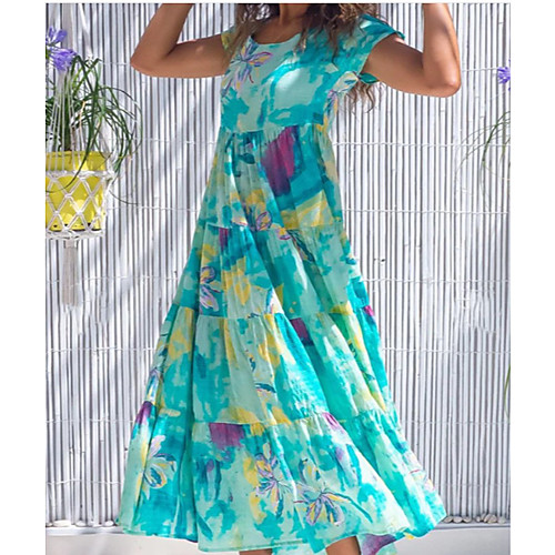 

2021 european and american fashion new amazon wish printed floral short sleeve round neck stitching high waist dress women