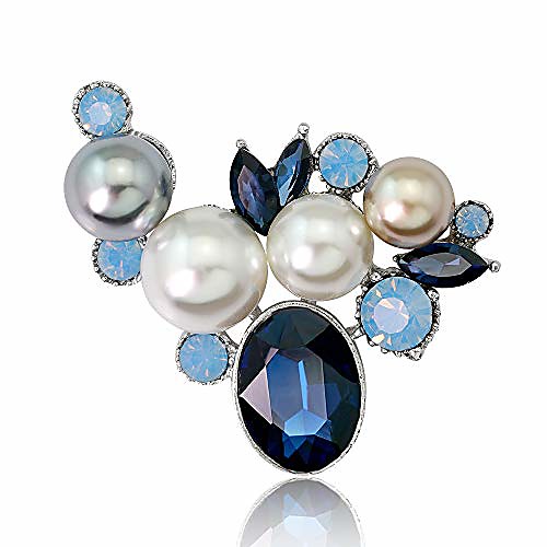

duotang fashion rhinestone brooch glass crystal wedding leaf bouquet pearl brooch pin for women (blue)