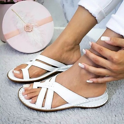 

Women's Slippers & Flip-Flops Flat Heel Open Toe PU Solid Colored White Yellow Brown