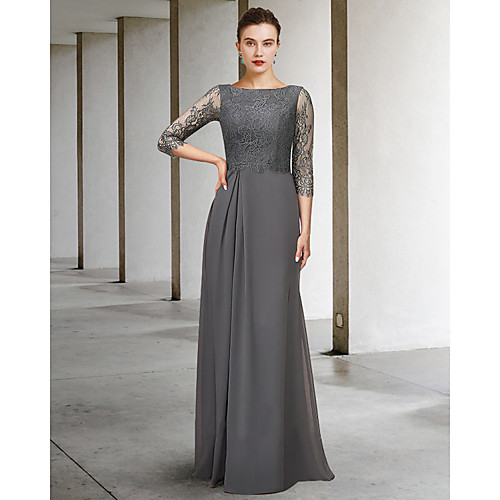 

A-Line Mother of the Bride Dress Elegant Jewel Neck Floor Length Chiffon Lace 3/4 Length Sleeve with Pleats Appliques 2021