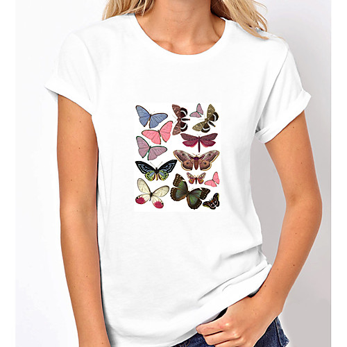 

Women's T shirt Graphic Butterfly Print Round Neck Tops 100% Cotton Basic Basic Top White Blushing Pink