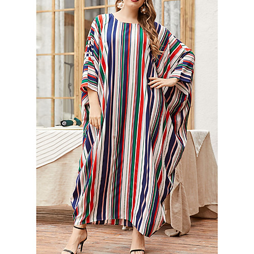 

Women's Kaftan Dress Maxi long Dress Rainbow 3/4 Length Sleeve Striped Patchwork Summer Round Neck Casual 2021 One-Size