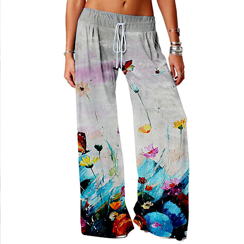 

Women's Basic Soft Comfort Daily Home Chinos Pants Plants Flower / Floral Full Length Elastic Drawstring Design Print Gray