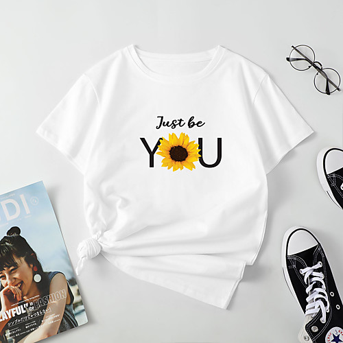 

Women's T shirt Floral Letter Print Round Neck Tops Cotton Basic Basic Top White Blue Red