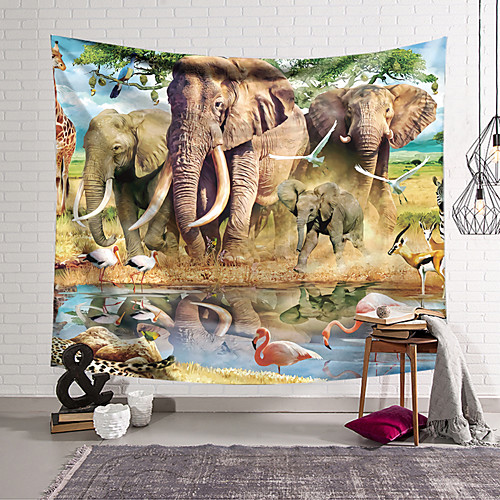 

Wall Tapestry Art Decor Blanket Curtain Hanging Home Bedroom Living Room Decoration Polyester Animal World Elephant Walking Giraffe Flamingo Drinking Water
