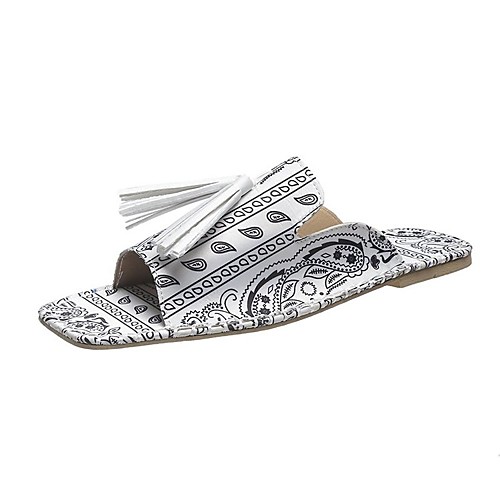

Women's Sandals Outdoor Slippers Flat Heel Square Toe PU Tassel Color Block White Red Black