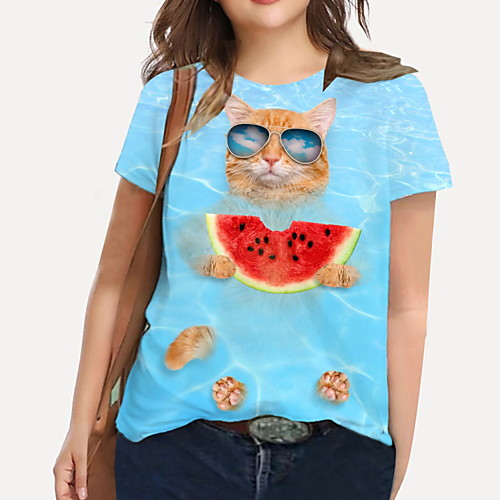 

Women's Plus Size Tops T shirt Cat Graphic Print Short Sleeve Crewneck Basic Blue Big Size XL XXL 3XL 4XL 5XL