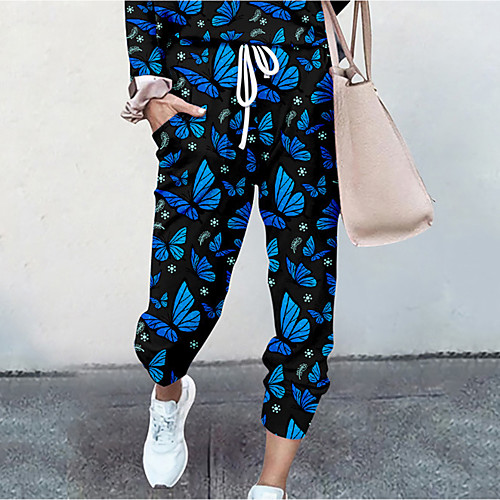 

Women's Basic Soft Comfort Daily Home Jogger Pants Butterfly Graphic Prints Full Length Elastic Drawstring Design Print White Black Blue Fuchsia Khaki