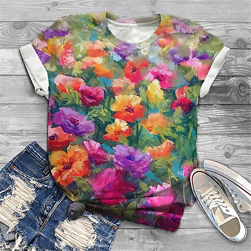 

Women's Plus Size Tops T shirt Floral Graphic Print Short Sleeve Crewneck Basic Blue Purple Yellow Big Size XL XXL 3XL 4XL 5XL / Holiday