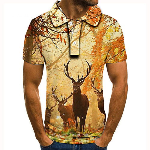 

Men's Golf Shirt Tennis Shirt 3D Print Graphic Prints Deer Animal Button-Down Short Sleeve Street Tops Casual Fashion Cool Yellow / Sports