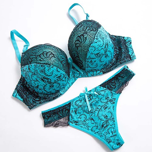 

Women's Bra & Panty Set Underwire Bra 3/4 Cup Lace Printing Sexy Blue