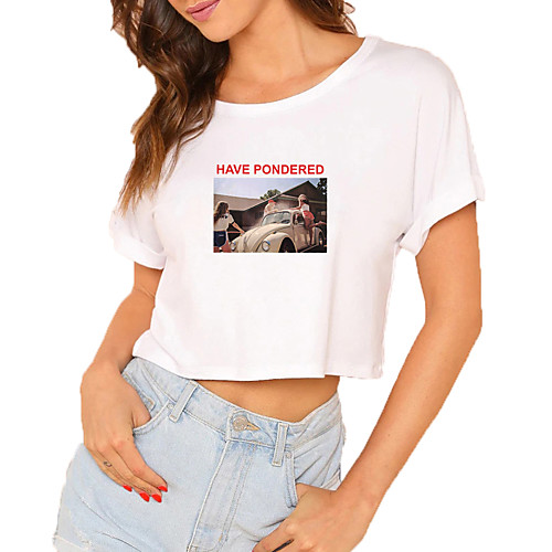 

Women's Crop Tshirt Graphic Letter Print Round Neck Tops 100% Cotton Basic Basic Top White Black