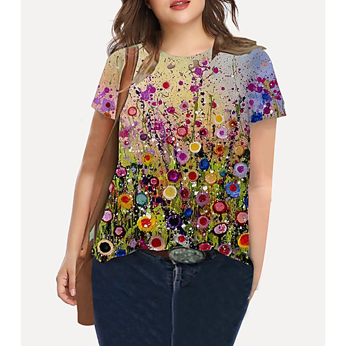 

Women's Plus Size Tops T shirt Floral Graphic Print Short Sleeve Crewneck Basic Spring Gray Big Size XL XXL 3XL 4XL 5XL / Holiday / Going out