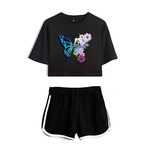 

Women's Basic Streetwear Floral Butterfly Vacation Casual / Daily Two Piece Set Crop Top Tracksuit T shirt Loungewear Shorts Print Tops