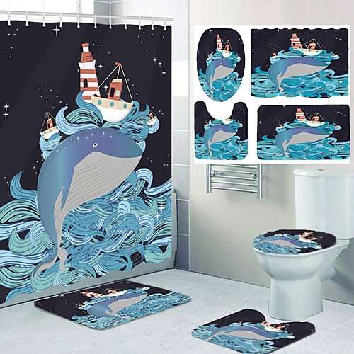 

Four-piece Set of Waterproof Shower Curtain and Hook Cushion for Bathroom Casual Decoration