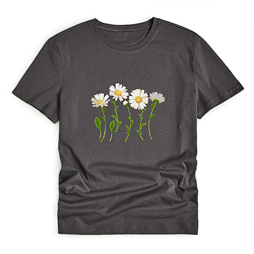 

Women's T shirt Floral Flower Printing Round Neck Tops Cotton Black Blue Yellow
