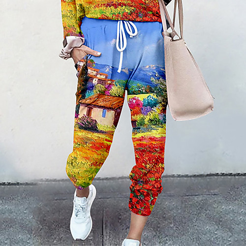 

Women's Basic Soft Comfort Going out Gym Palazzo Pants Graphic Prints Landscape Full Length Elastic Drawstring Design Print Blue