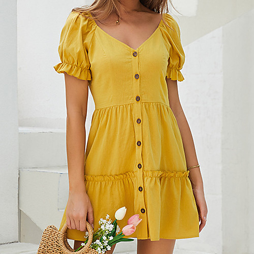 

Women's Sundress Short Mini Dress Yellow Short Sleeve Solid Color Ruched Summer V Neck Casual Holiday 2021 M L XL XXL / Cotton / Cotton