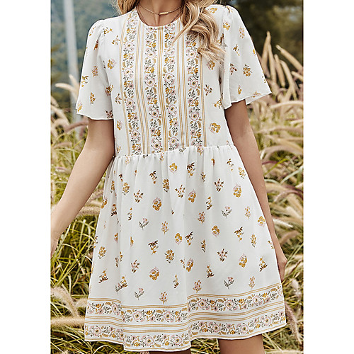 

Women's A Line Dress Short Mini Dress Yellow Short Sleeve Floral Smocked Print Fall Summer Round Neck Elegant Casual 2021 S M L XL