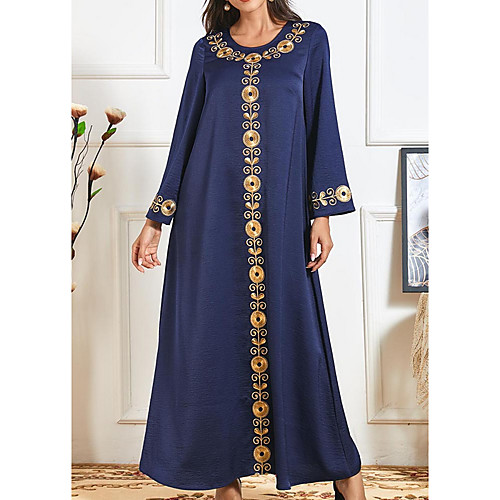 

Women's Kaftan Dress Maxi long Dress Blue Long Sleeve Solid Color Embroidered Patchwork Fall Spring & Summer Round Neck Casual Loose 2021 M L XL XXL 3XL / Plus Size / Plus Size