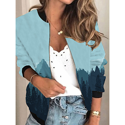 

Women's Jacket Daily Spring Summer Regular Coat V Neck Regular Fit Sporty Casual Jacket Long Sleeve Print Print Blue / Holiday