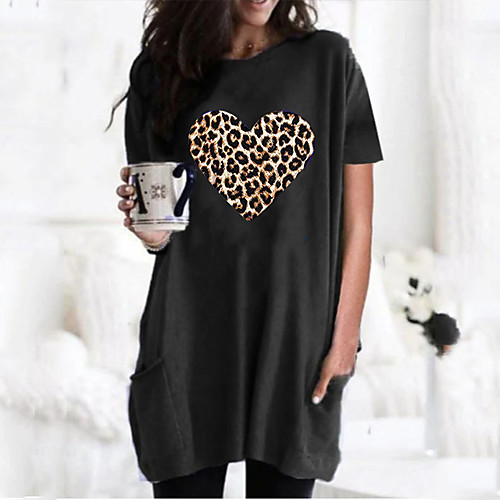 

Women's T shirt Dress Graphic Heart Leopard Round Neck Tops Basic Basic Top Black Wine Army Green