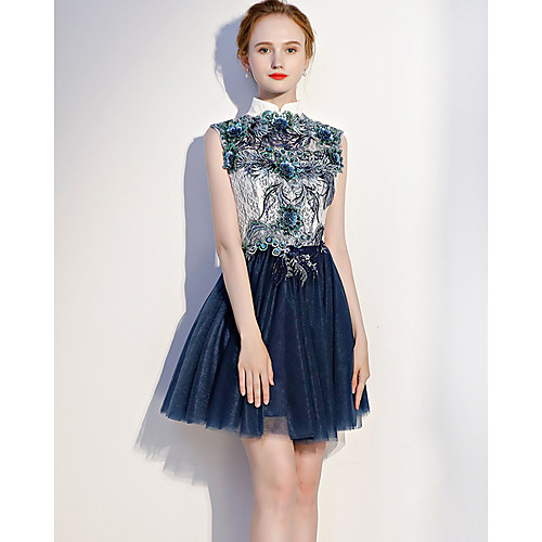 

A-Line Sexy Floral Homecoming Party Wear Dress High Neck Sleeveless Short / Mini Lace with Lace Insert Embroidery 2021