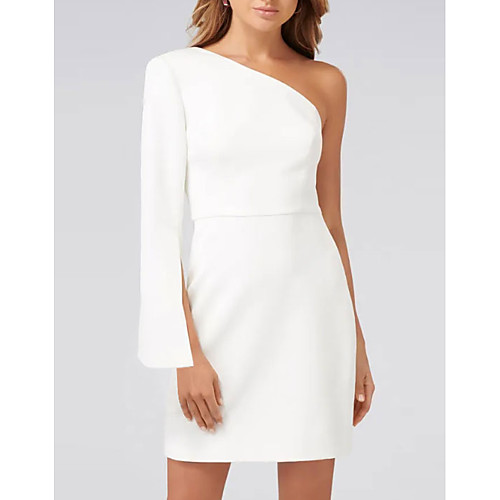 

Sheath / Column Minimalist White Wedding Guest Cocktail Party Dress One Shoulder Long Sleeve Short / Mini Satin with Draping 2021