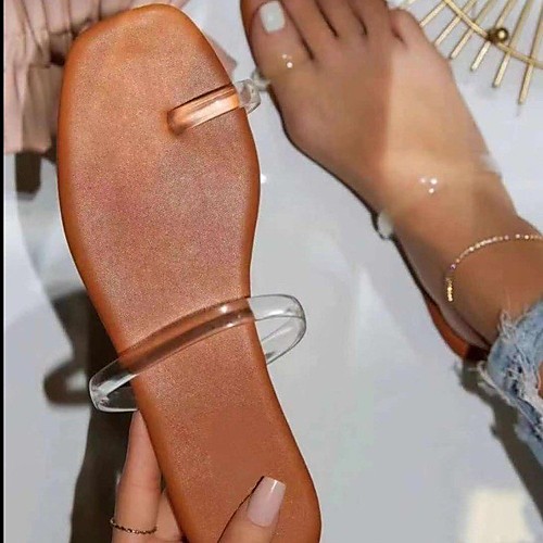 

Women's Sandals Outdoor Slippers Flat Heel Round Toe PU Solid Colored Almond Dark Brown