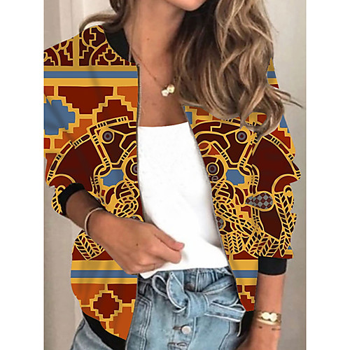 

Women's Jacket Daily Fall Spring Regular Coat Regular Fit Casual Jacket Long Sleeve Print Print Yellow