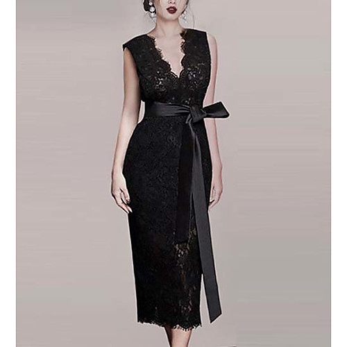 

Sheath / Column Little Black Dress Elegant Homecoming Cocktail Party Dress V Neck Sleeveless Ankle Length Lace with Sash / Ribbon 2021