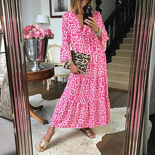 

Women's Swing Dress Maxi long Dress Red 3/4 Length Sleeve Color Block Print Spring Summer V Neck Elegant Sexy Flare Cuff Sleeve Loose 2021 S M L XL XXL