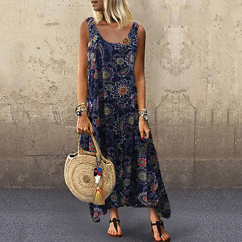 

2021 cross-border printed dress cross-border bohemian sleeveless seaside vacation printed loose big skirt