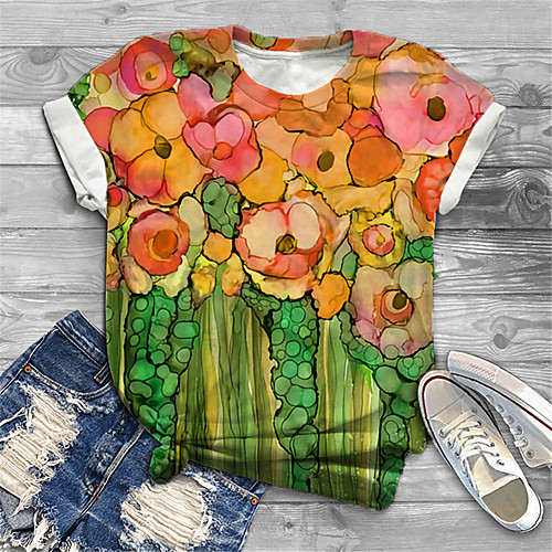 

Women's Plus Size Tops T shirt Floral Graphic Print Short Sleeve Crewneck Basic Yellow Big Size XL XXL 3XL 4XL 5XL / Holiday