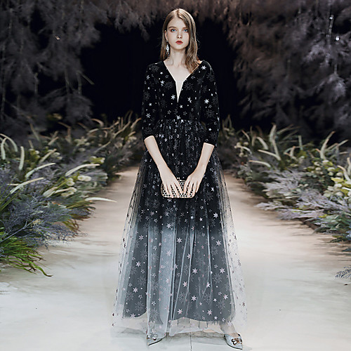 

host evening dress, aura queen, fantasy starry sky, gradient black velvet dress, elegant atmosphere banquet annual meeting
