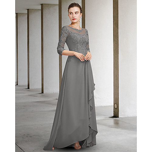 

A-Line Mother of the Bride Dress Elegant Jewel Neck Floor Length Chiffon Lace Half Sleeve with Pleats Ruffles Appliques 2021