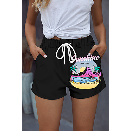 

Women's Stylish Basic Comfort Beach Weekend Active Pants Graphic Prints Landscape Short Sporty Elastic Drawstring Design Print White Black