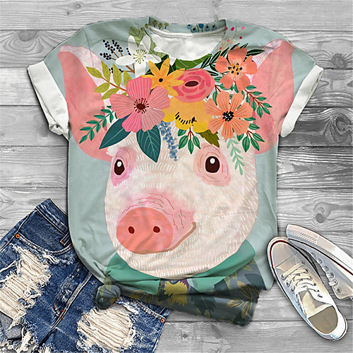 

Women's Plus Size Tops T shirt Floral Cat Graphic Print Short Sleeve Crewneck Basic Blue Blushing Pink Green Big Size XL XXL 3XL 4XL 5XL / Holiday