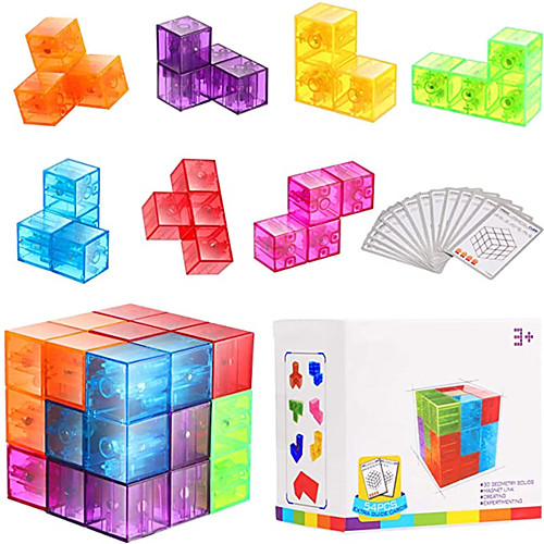 

YongJun Magnetic 3D Puzzle Cubes Transparent Magnetic Cube Consists of 7 Magnetic Building Blocks with 54 Guide Cards, 108 Splicing Challenges of Different Levels for Killing Time and Relieving Stress