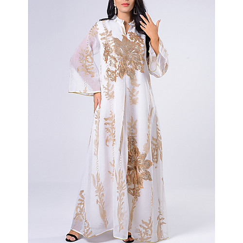 

Women's Kaftan Dress Maxi long Dress White Long Sleeve Print Solid Color Embroidered Patchwork Summer Round Neck Casual 2021 S M L XL XXL