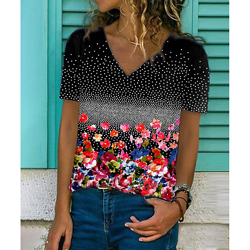 

Women's Floral Theme Painting T shirt Floral Graphic Print V Neck Basic Tops Black