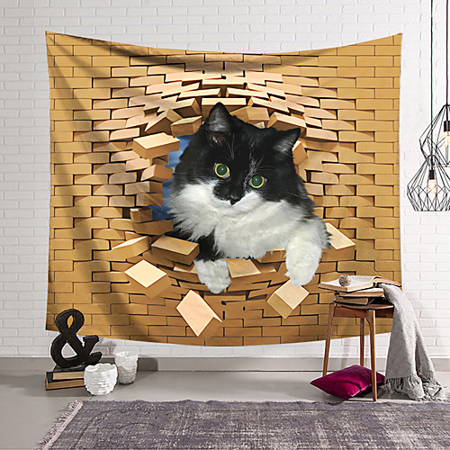 

Wall Tapestry Art Decor Blanket Curtain Hanging Home Bedroom Living Room Decoration Polyester Cat Watching Break the Bricks