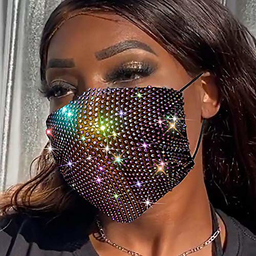 

belicey glitter rhinestone mesh face macks for women black sparkly crystal rhinestones mesh face cover chain nightclub masquerade diamond madks decoration face banada (black ab)